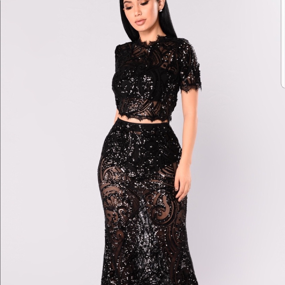 2piece Black Sequence Skirt Set
